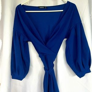 HE SHOULDER WRAP MIDI DRESS